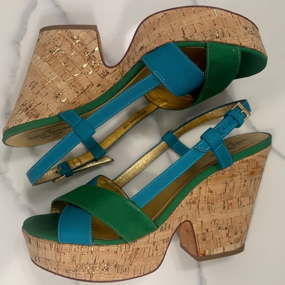 kate spade Teal and Green Cork Platform Wedge Sandals